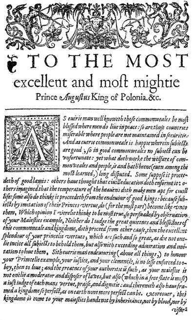 Věnování polskému králi Zikmundovi II. Augustovi I. v The Counsellor, prvním anglickém překladu Wawrzyniec Grzyma?a Go?lickis De optimo senátore, 1598 (tisk) od English School