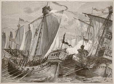 Porážka francouzského loďstva v Lamanšském průlivu, ilustrace z Cassells Illustrated History of England (sépiová fotografie) od English School