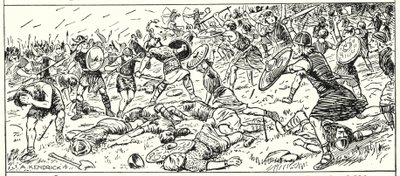 Porážka Západních Sasů u Mount Budon, Somerset, AD 500 (litografie) od English School