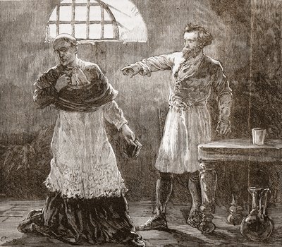Denis kárající biskupa z Meaux, ilustrace z Historie protestantismu od Jamese Aitkena Wylie (1808-1890), pub. 1878 od English School