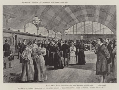 Odjezd královny Wilhelminy a nizozemské královny regentky, scéna na nádraží Victoria 9. května (litho) od English School