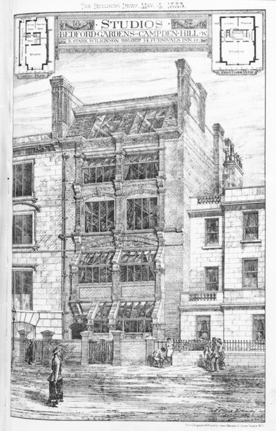 Design for Studios v Bedford Gardens, Campden Hill, Londýn, z „The Building News“, 4. května 1883 od English School