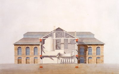 Design for the Stag Brewhouse, originální rukopisná kresba z kanceláře George Saunderse, kolem roku 1807 (tužka, wc a pero a inkoust na papíře) od English School