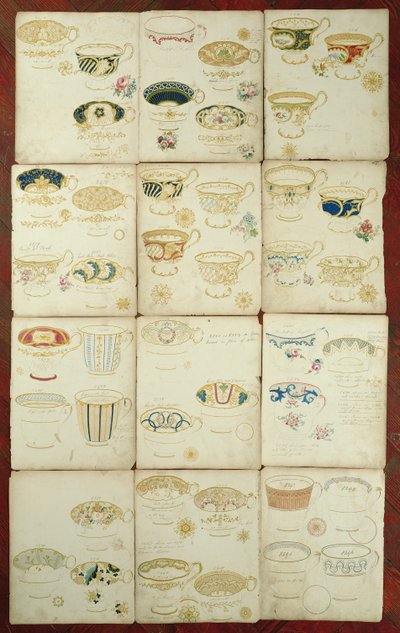 Návrhy pro šálky vyrobené v továrně Daniel, Staffordshire, kolem roku 1845 (kvaš, wc a inkoust na papíře) od English School