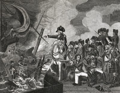 Zničení dělových člunů před Gibraltarem, vyryto H. Cookem, 1816 od English School