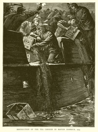 Zničení nákladu čaje v Boston Harbour, 1773 od English School