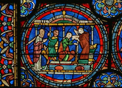 Detail z Miracle Window zobrazující Audrey z Canterbury, jak bere léčivou vodu od English School