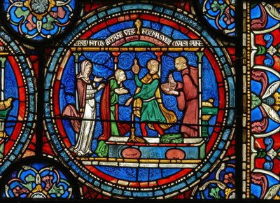 Detail z Miracle Window zobrazující Audrey z Canterbury, jak bere léčivou vodu od English School