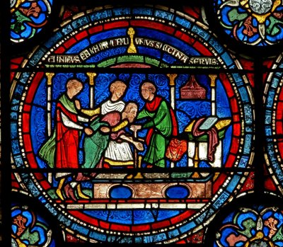Detail z Miracle Window zobrazující Roberta z Cricklade u hrobky od English School