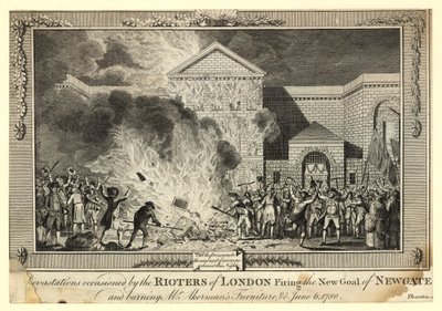 Devastace způsobené vzbouřenci z Londýna vypálením New Gaol of Newgate a spálením nábytku pana Akermanse, 6. června 1780 od English School