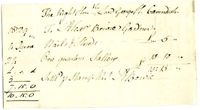 Devonshire MSS AS 3101, folio ze svazku směnek vypořádaných Pinderem Simpsonem pro lorda George Cavendishe, včetně směnky Alexandra Bowieho od English School