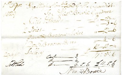 Devonshire MSS AS 3101, folio ze svazku účtů vyřízených Pinderem Simpsonem pro lorda George Cavendishe, včetně účtu Alexandra Bowieho. od English School