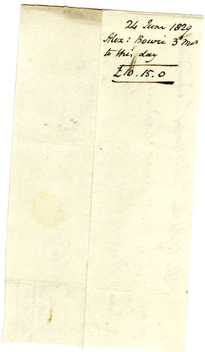 Devonshire MSS AS 3101, folio ze svazku směnek vypořádaných Pinderem Simpsonem pro lorda George Cavendishe, včetně směnky Alexandra Bowieho od English School