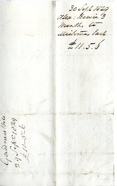 Devonshire MSS AS 3101, folio ze svazku směnek vypořádaných Pinderem Simpsonem pro lorda George Cavendishe, včetně směnky Alexandra Bowieho od English School