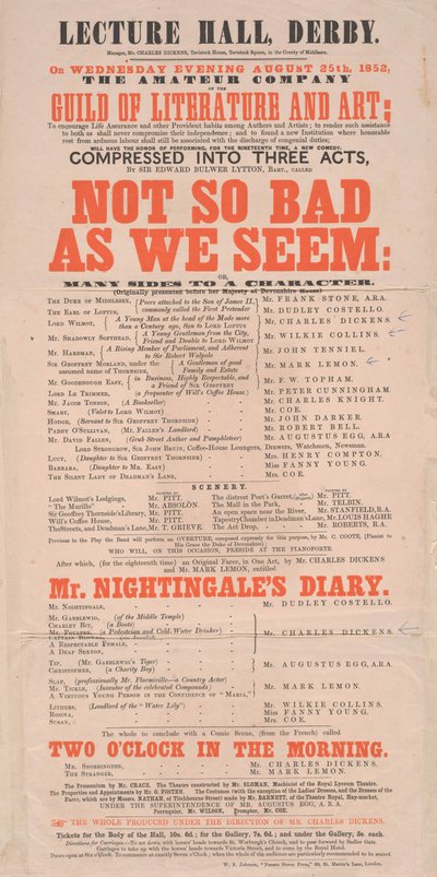Dickens playbill: Not tak Bad As We Seem v Lecture Hall, Derby, program na 25. srpna 1852 od English School