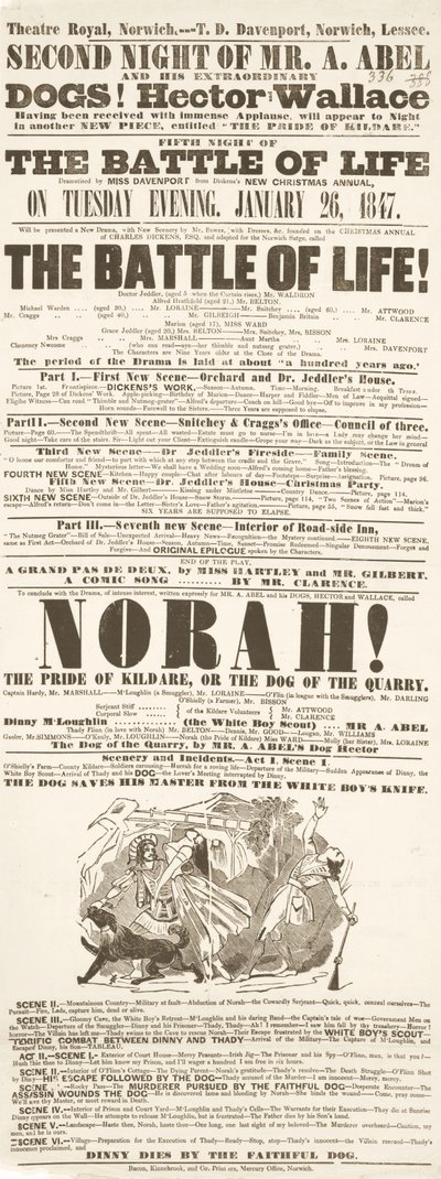 Dickens playbill: The Battle of Life, v Theatre Royal, Norwich, 26. ledna 1847 od English School