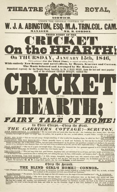 Dickens playbill: The Cricket on the Hearth v Theatre Royal, Derby, 15. ledna 1846 od English School