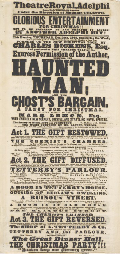 Dickens playbill: The Haunted Man, v Adelphi Theatre Royal, 28. prosince 1848 od English School