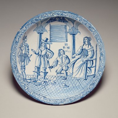 Miska se sedící královnou Kateřinou s botou osazenou klečícím kavalírem, 1677 (cínová glazovaná kamenina) od English School