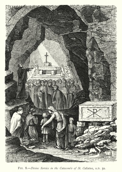 Bohoslužba v katakombách svatého Kalixta, AD 50 (rytina) od English School