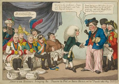 Doctor Boney_bringing the Powers to Pot ..., 1808 ručně kolorovaná rytina. od English School
