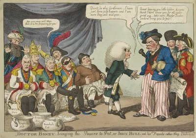Doctor Boney_bringing the Powers to Pot, nebo John Bull a jeho přátelé poněkud plachá hospoda. 1808 (ručně kolorovaná rytina) od English School