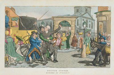 Doktor Syntax loupež v St. Giless, z Tour of Doctor Syntax po Londýně, nebo Radosti a bídy metropole. Báseň, vydaná 1820 (akvatinta) od English School