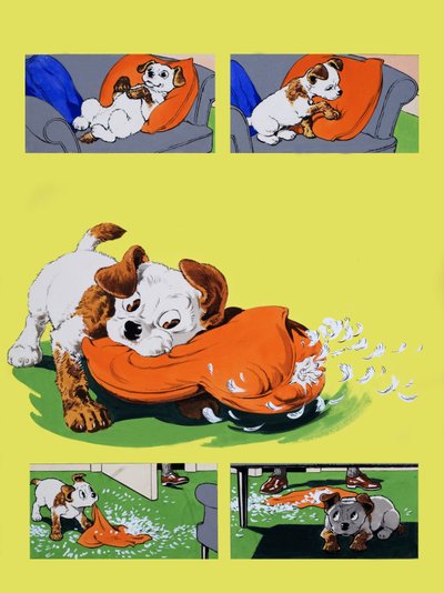 Hund kaut auf einem Kissen von English School