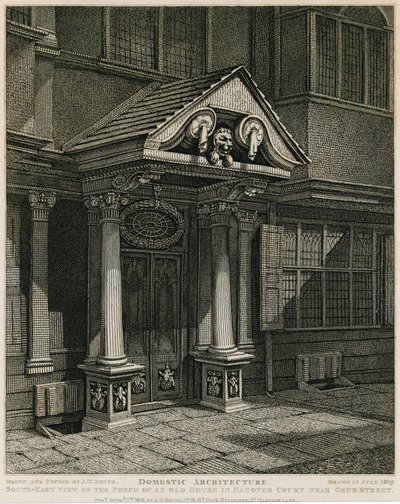 Domácí architektura: jihovýchodní pohled na verandu starého domu v Hanover Court poblíž ulice Grub od English School
