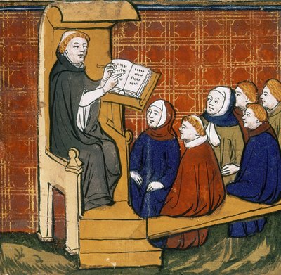 Dominikánský učitel, sedící s knihou umístěnou na přednášce, s žáky sedící na zemi před sebou. "" Livre des Proprietes des Choses "", začátkem patnáctého století. od English School