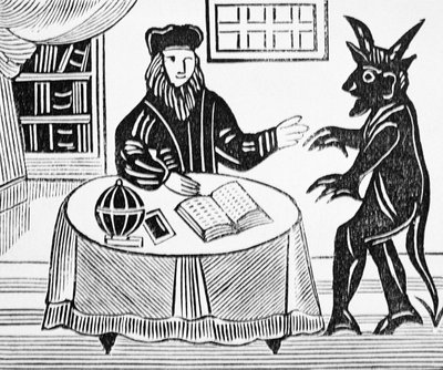Doktor Faust se radí s ďáblem, z Gentsova překladu Doktora Fausta od Christophera Marlowa (1564-93) 1648 ze sbírky esoterických sešitů od English School