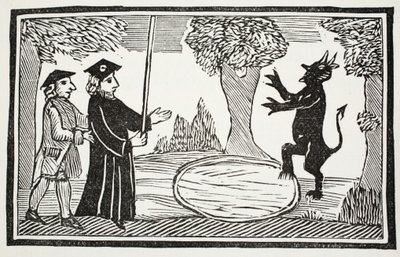 Dr. Faustus raises the Devil, ilustrace z Chap-books of the Eighteenth Century od Johna Ashtona, hospoda. 1882 od English School