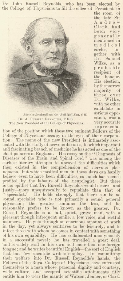 Dr J Russell Reynolds, FRS, nový prezident College of Physicians (rytina) od English School