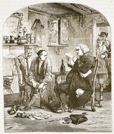 Dr. Johnson čte rukopis knihy Vicar of Wakefield, ilustrace z Cassells Illustrated History of England (sépiová fotografie) od English School