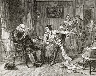 Dr. Samuel Johnson čte rukopis 