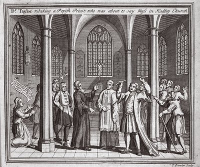 Dr Taylor kárá papežského kněze, který se chystal sloužit mši v Hadley Church, ilustrace z Foxes Martyrs kolem roku 1703 od English School