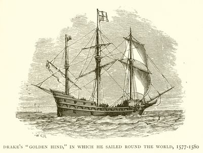 Drakes Golden Hind, ve kterém se plavil kolem světa, 1577-1580 od English School