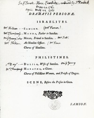 Dramatis Personae pro Samsona, Händelovo oratorium, vydané v roce 1759 od English School