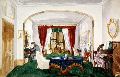 Interiér salonu, žena u klavíru, muž v buřince, psaní, cca 1850 (akvarel na papíře) od English School