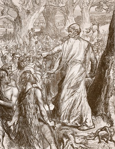 Druidové podněcující Brity k odporu proti vylodění Římanů, ilustrace z Cassells Illustrated History of England (sépiová fotografie) od English School