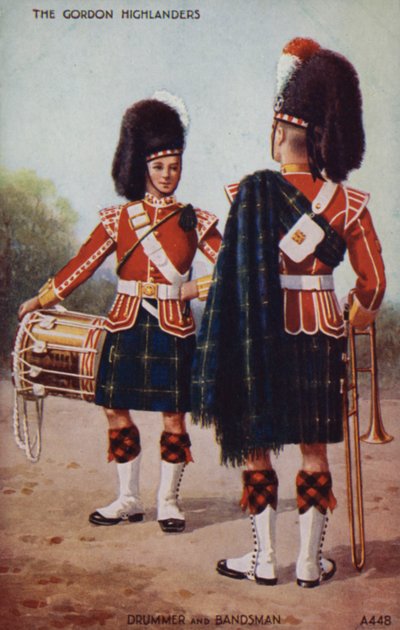 Bubeník a kapelník Gordon Highlanders (barevná litografie) od English School
