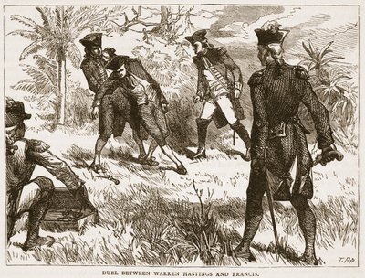 Souboj mezi Warrenem Hastingsem a Francisem, ilustrace z Cassells Illustrated History of India od Jamese Granta, hospoda. 1879 od English School