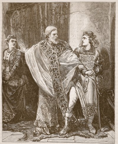 Dunstan táhne Edwyho z přítomnosti Elgivy, ilustrace z Cassells Illustrated History of England (sépiová fotografie) od English School