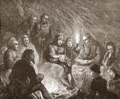 Holandští protestanti v úkrytu, ilustrace z Historie protestantismu od Jamese Aitkena Wylie (1808-1890), hospoda. 1878 od English School
