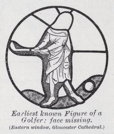 Nejstarší známá postava golfisty, obličej chybí, východní okno, katedrála Gloucester (litho) od English School