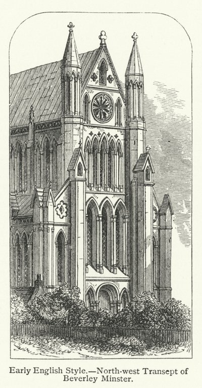 Raný anglický styl, severozápadní transept Beverley Minster (rytina) od English School