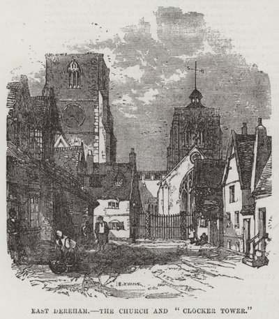East Dereham, kostel a "Clocker Tower" (rytina) od English School