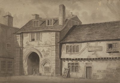 Východní pohled na bránu do opatství St Saviour, Bermondsey, kolem roku 1825 (pero, tužka a mytí na papíře) od English School