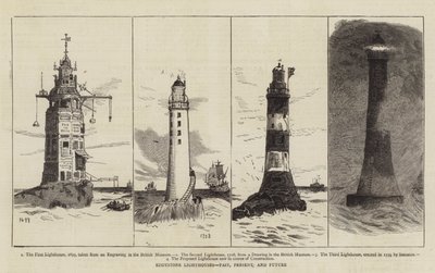 Eddystone majáky, minulost, současnost a budoucnost (rytina) od English School