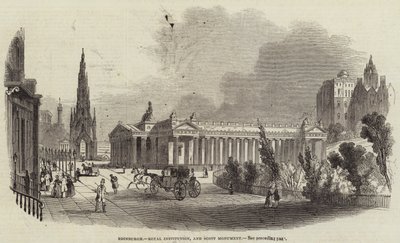 Edinburgh, Royal Institution a Scott Monument (rytina) od English School